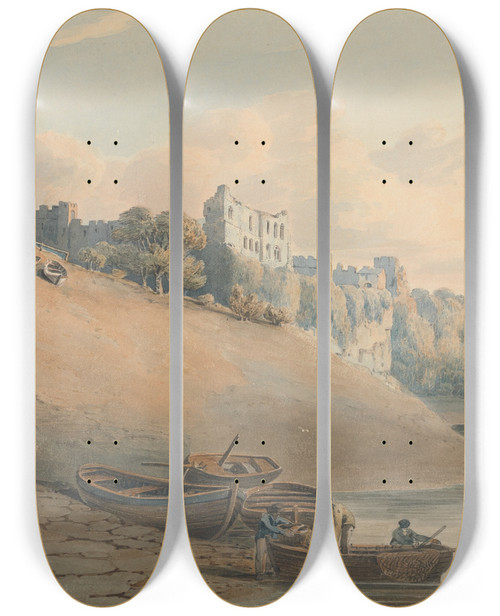 Triptych art skateboard deck of John Varley View Of Chepstow Castle Monmouthshire From Under The Bridge by John Varley (1778-1842)