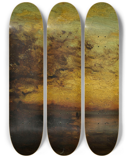 Triptych art skateboard deck of Flix Ziem Plan Deau Soleil Couchant Au Revers Deux Tudes by Felix Ziem (1821-1911)