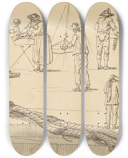 Triptych art skateboard deck of Claudejoseph Vernet Quayside Figures And A Length Of Rope Attached To A Bollard by Claude Joseph Vernet (1714-1789)