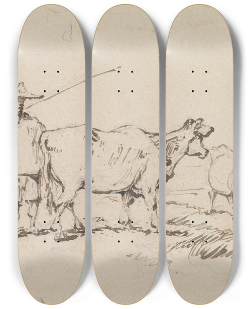 Triptych art skateboard deck of George Chinnery A Peasant With Cattle by George Chinnery (1774-1852)