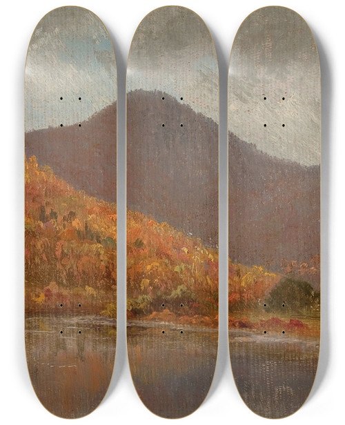 Triptych art skateboard deck of Edward W Nichols Autumn Lake New Hampshire by Edward W Nichols (1819-1871)