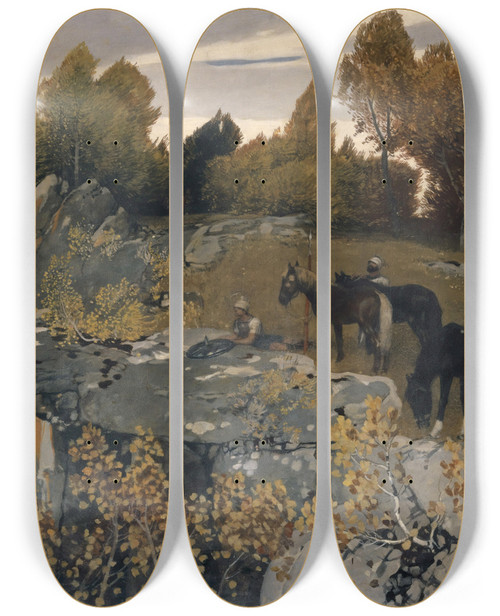 Triptych art skateboard deck of Hans Sandreuter Roman Outpost On A Lofty Height by Hans Sandreuter (1850-1901)