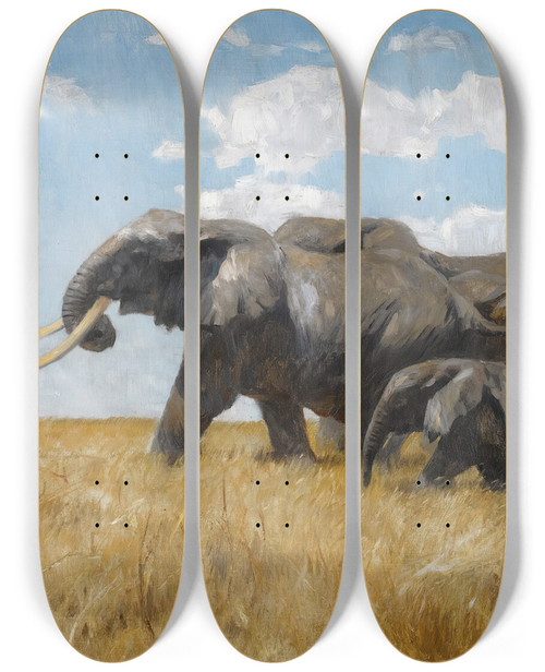 Triptych art skateboard deck of Wilhelm Kuhnert Elefanten Auf Der Wanderung Elephants On The Move by Wilhelm Kuhnert (1865-1926)
