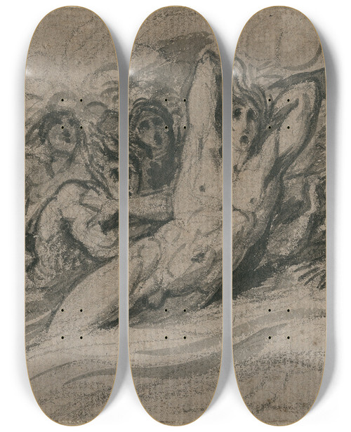Triptych art skateboard deck of David Humbert De Superville Ontzetting Angstige Figuren In Vlammen Of Golven by David Humbert De Superville (1770-1849)