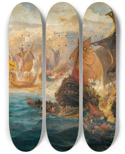 Triptych art skateboard deck of Vasilios Chatzis The Crusader Invasion Of Constantinople by Vasilios Chatzis (1870-1915)