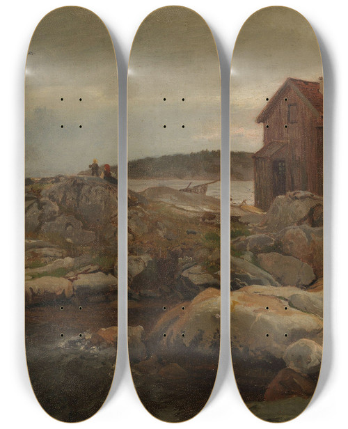 Triptych art skateboard deck of Hans Gude A Fishermans Home Lillesand by Hans Gude (1825-1903)