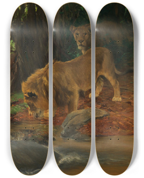 Triptych art skateboard deck of Wilhelm Kuhnert Lwen Am Urwaldbach by Wilhelm Kuhnert (1865-1926)