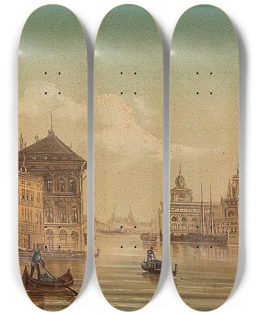 Triptych art skateboard deck of August Von Siegen Venice Canal Grand S Maria Della Salute Venezia by August Von Siegen (1850-1910)