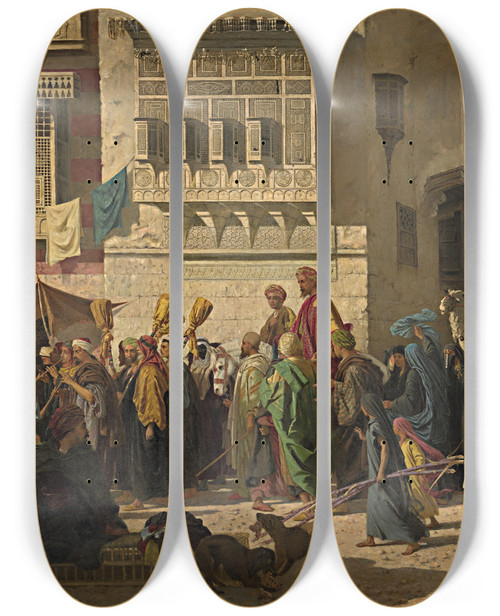 Triptych art skateboard deck of Robert Dowling A Sheikh And His Son Entering Cairo On Their Return From A Pilgrimage To Mecca by Robert Dowling (1827-1886)