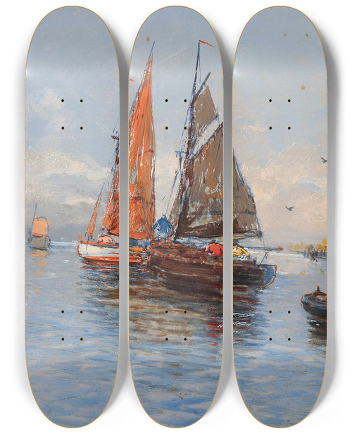 Triptych art skateboard deck of Hans Johann Wagner Fischerboote Ii by Hans Johann Wagner (1866-1940)