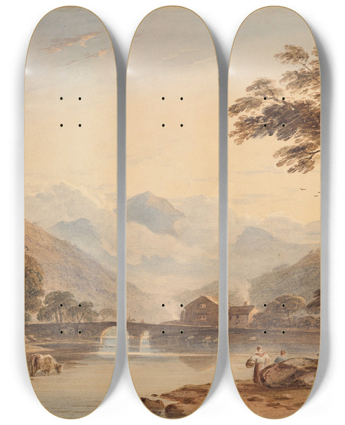 Triptych art skateboard deck of John Varley Beddgelert Bridge With Snowdon Beyond by John Varley (1778-1842)