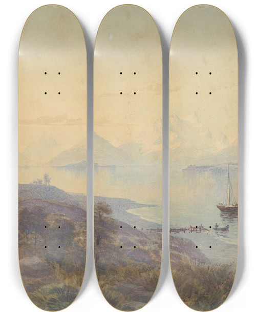 Triptych art skateboard deck of John Gully Lake Wakatipu by John Gully (1819-1888)