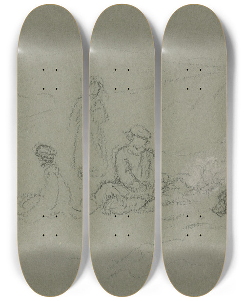 Triptych art skateboard deck of Wilhelm Amandus Beer Group At A Bonfire by Wilhelm Amandus Beer (1837-1907)