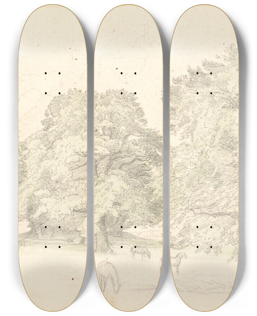 Triptych art skateboard deck of P C Skovgaard Heste P En Lysning Ved Store Egetrer Sandsynligvis Dyrehaven by P C Skovgaard (1817-1875)