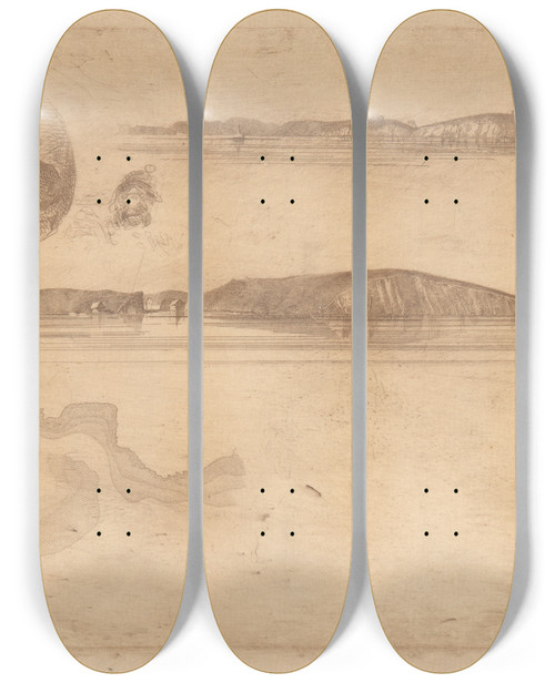 Triptych art skateboard deck of James Abbott Mcneill Whistler Sketches On The Coast Survey Plate by James Abbott Mcneill Whistler (1834-1903)