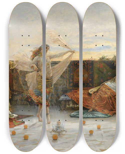 Triptych art skateboard deck of Enric Serra Auqu On The Terrace by Enric Serra Auque (1859-1918)