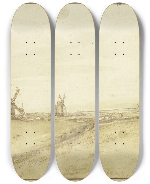 Triptych art skateboard deck of Gillis Neyts Flache Landschaft Mit Windmhlen Und Galgen by Gillis Neyts (1618-1678)