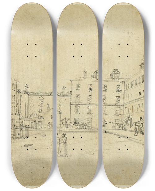 Triptych art skateboard deck of Augustus Charles Pugin Study For Kings Bench Prison From Microcosm Of London by Augustus Charles Pugin (1762-1832)