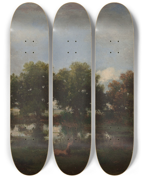 Triptych art skateboard deck of Narcissevirgile Diaz De La Pea Forest Landscape Withstags by Narcisse-Virgile Diaz de La Pea (1808-1876)