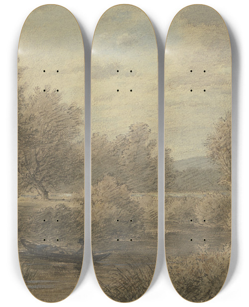 Triptych art skateboard deck of Jakob Maurer Ein Kahn Mit Einem Fhrmann Hlt Am Ufer Motiv An Der Nied by Jakob Maurer (1826-1887)