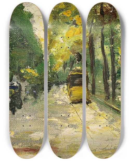Triptych art skateboard deck of Lesser Ury Berliner Strae Im Sonnenschein by Lesser Ury (1861-1931)
