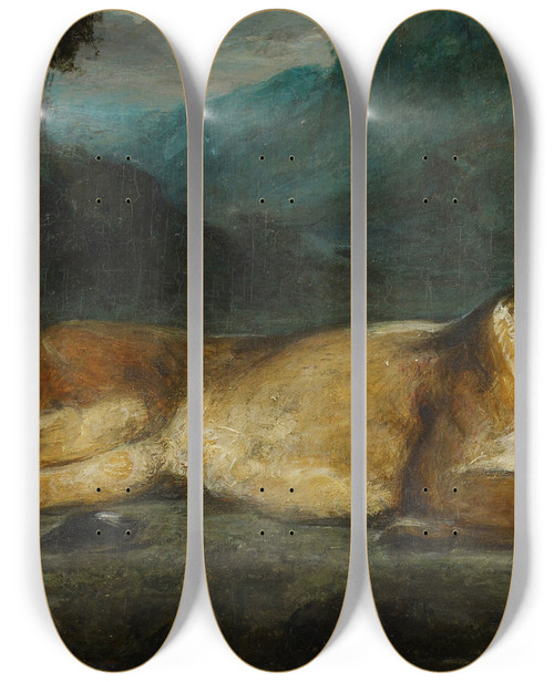 Triptych art skateboard deck of Imitator Of Eugne Delacroix Lioness Reclining by Imitator of Eugne Delacroix