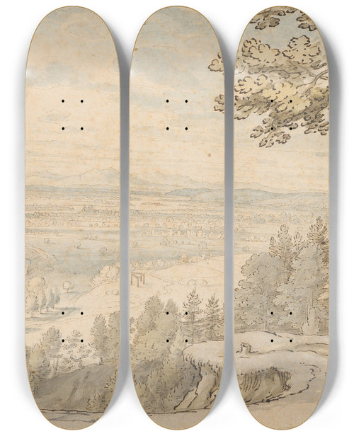 Triptych art skateboard deck of Matthus Merian The Elder View Of Basle From Grenzacherhorn by Matthus Merian the elder (1593-1650)