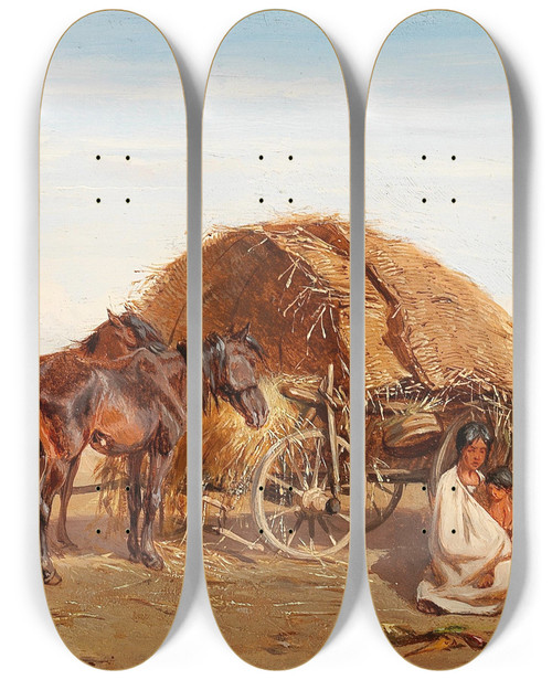 Triptych art skateboard deck of Alexander Von Bensa Resting In The Puszta by Alexander Von Bensa (1820-1902)