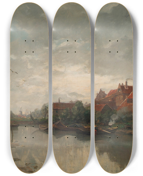 Triptych art skateboard deck of Gilbert Von Canal Niederlndischer Kanal by Gilbert Von Canal (1849-1927)