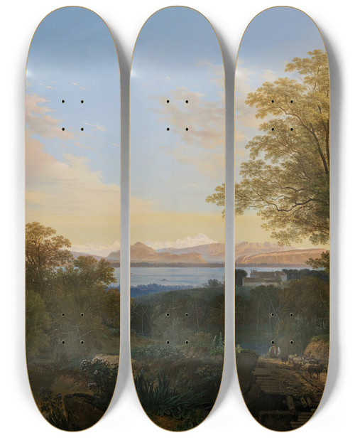 Triptych art skateboard deck of Wolfgang Adam Tpffer View Of Lake Geneva And The Montblanc Massif From The Heights Of Chambsy Behind The House Of The Empress Josphine by Wolfgang Adam Topffer (1766-1847)