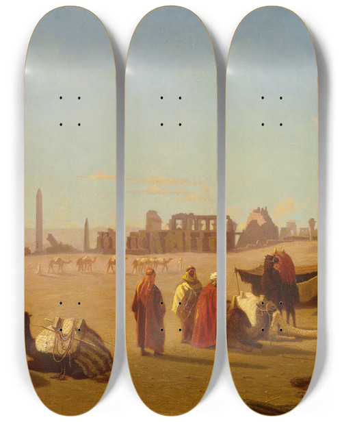 Triptych art skateboard deck of Charles Thodore Frre A Caravan At Rest The Temple Of Karnak Thebes In The Distance by Charles Theodore Frere (1814-1888)
