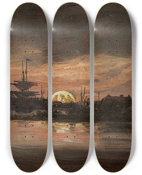 Triptych art skateboard deck of Johan Christian Dahl The Oder Near Swinemnde In Moonlight by Johan Christian Dahl (1788-1857)