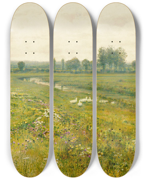 Triptych art skateboard deck of John Atkinson Grimshaw An Extensive Meadow Landscape With Geese By A Stream by John Atkinson Grimshaw (1836-1893)