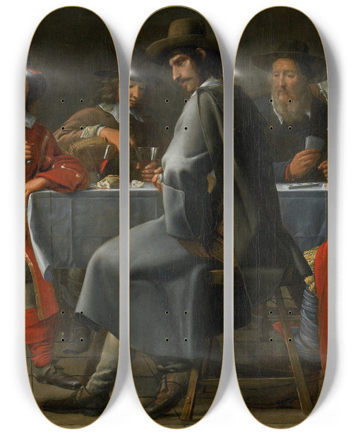 Triptych art skateboard deck of Master Of The Procession Gathering Of Gamblers With Hurdygurdy Player by Master of the Procession (17-)