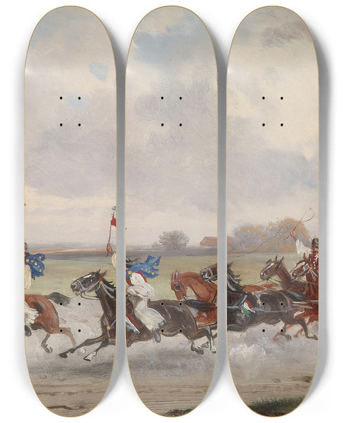 Triptych art skateboard deck of Alfred Steinacker Ungarische Bauernhochzeit by Alfred Steinacker (1838-1914)