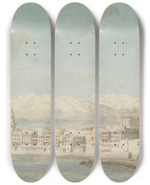 Triptych art skateboard deck of Willey Reveley View Of Harbor Town With Flagpole At Right Seen From Sea by Willey Reveley (1760-1799)