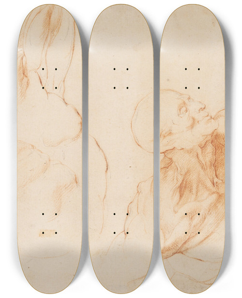 Triptych art skateboard deck of Willem Panneels Two Anatomical Studies Corchs Flayed Torso Of A His Left Arm Raised by Willem Panneels (1600-1634)
