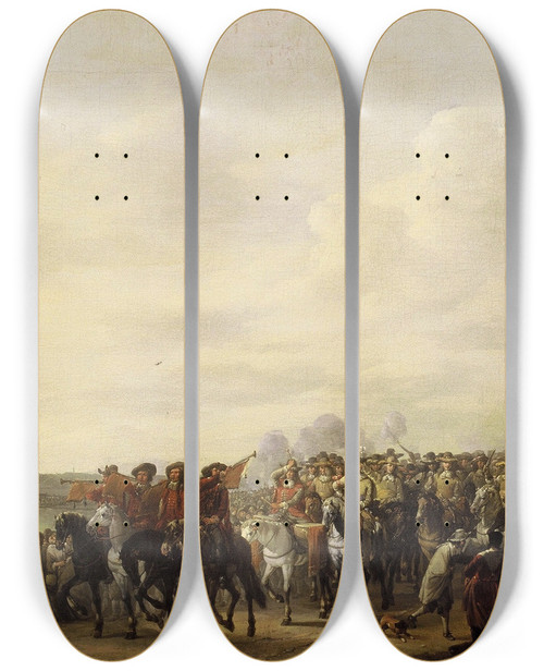 Triptych art skateboard deck of Johannes Lingelbach Charles Ii 16301685 Stopping At The Estate Of Wema On The Rotte On His Journey From Rotterdam To The Hague 25 May 1660 by Johannes Lingelbach (1622-1674)