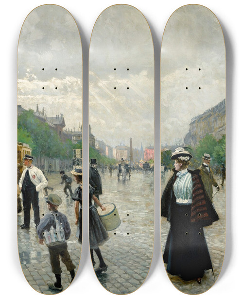 Triptych art skateboard deck of Paul Fischer Whats Going On In Copenhagen by Paul Fischer (1860-1934)