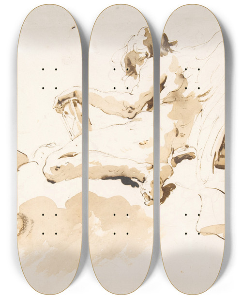 Triptych art skateboard deck of Giovanni Battista Tiepolo Seated Figure Of Time by Giovanni Battista Tiepolo (1696-1770)