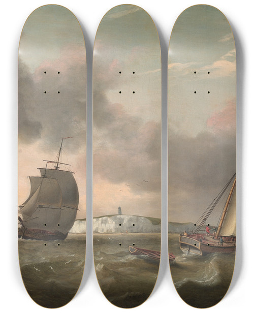 Triptych art skateboard deck of Thomas Luny Packet Boat Under Sail In A Breeze Off The South Foreland by Thomas Luny (1759-1837)