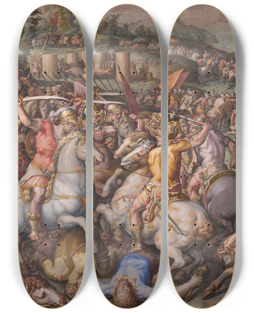 Triptych art skateboard deck of Giorgio Vasari The Rout Of The Pisans At Torre San Vincenzo by Giorgio Vasari (1511-1574)