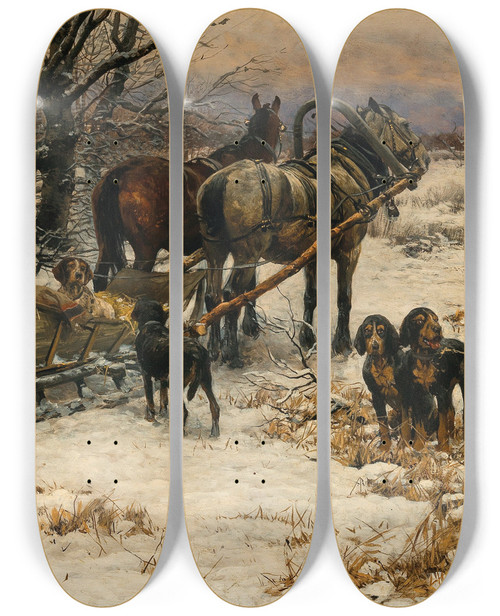 Triptych art skateboard deck of Alfred Von Wieruszkowalski Off To The Winter Hunt by Alfred Von Wierusz-Kowalski (1849-1915)