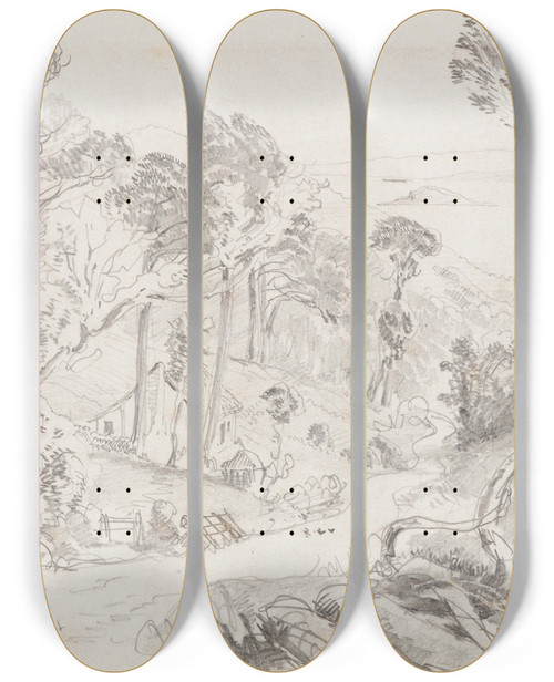 Triptych art skateboard deck of Nicholas Chevalier View Of A Mud Cottage On The Road To An Unknown Bay by Nicholas Chevalier (1828-1902)