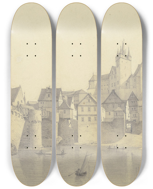 Triptych art skateboard deck of Christian Heerdt Ansicht Von Diez An Der Lahn by Christian Heerdt (1812-1878)