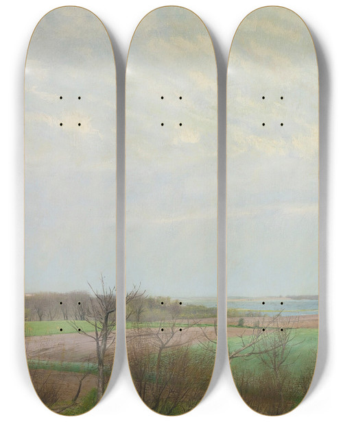 Triptych art skateboard deck of Laurits Andersen Ring View Of Roskilde Fjord Early Spring by Laurits Andersen Ring (1854-1933)