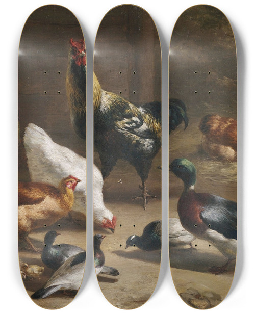 Triptych art skateboard deck of Carl Jutz The Elder Geflgel Im Stallinterieur by Carl Jutz The Elder (1838-1916)