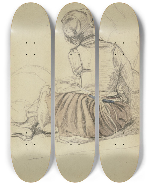 Triptych art skateboard deck of Jakob Becker Zwei Auf Dem Boden Sitzende Mdchen Das Rechte Ein Kleinkind Sttzend by Jakob Becker (1810-1872)