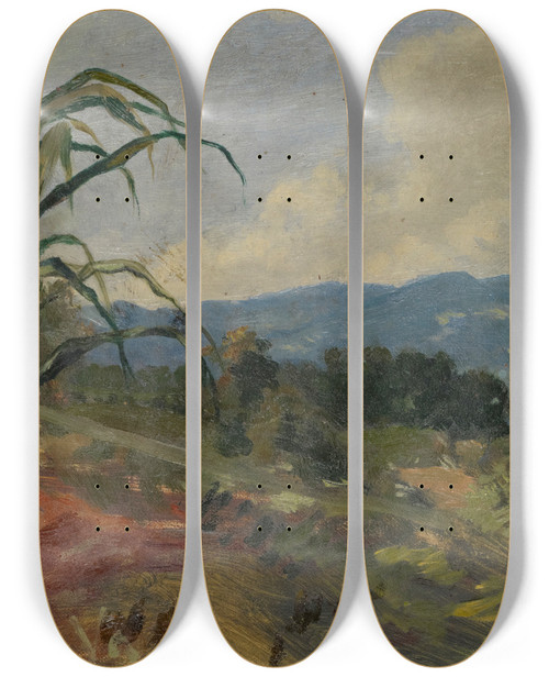 Triptych art skateboard deck of Frank Buchser Landscape With Giant Corn In The Foreground by Frank Buchser (1828-1890)