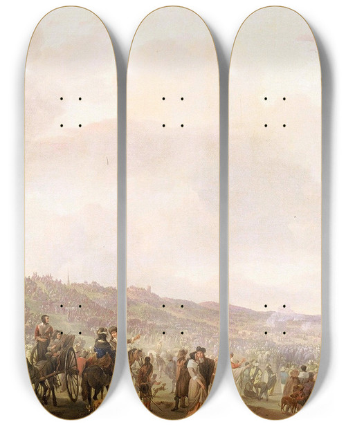 Triptych art skateboard deck of Johannes Lingelbach The Departure Of Charles Ii 16301685 From Scheveningen2 June 1660 by Johannes Lingelbach (1622-1674)